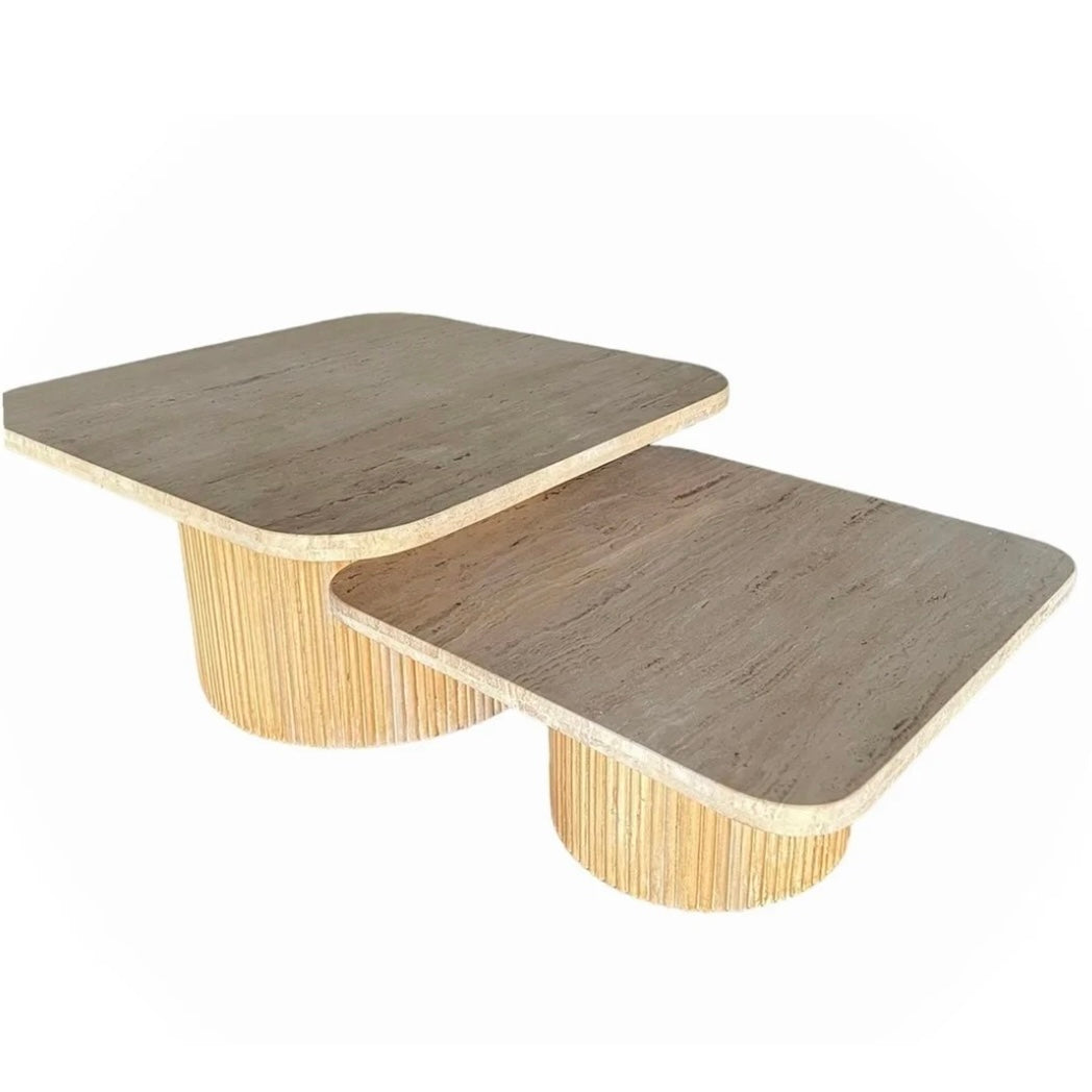 Table basse Gigogne carré travertin pied bois