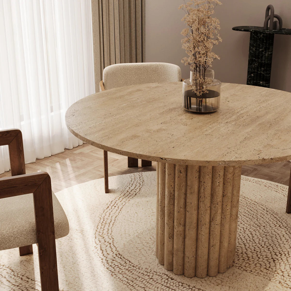 Table à manger ronde BAIETA plateau en céramique effet travertin 1m20