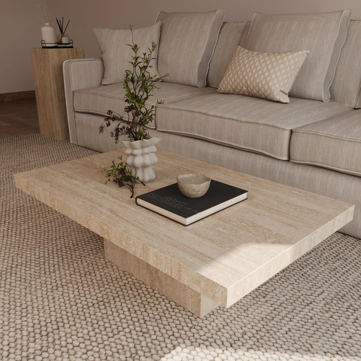 Table basse Bloc rectangle travertin avec pied