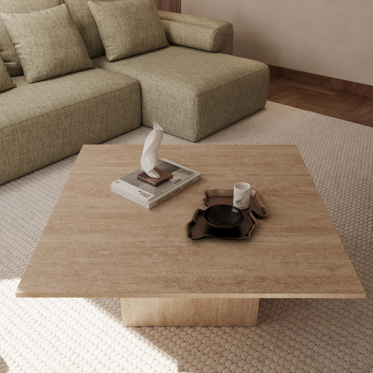 Table basse Bloc carré travertin avec pied