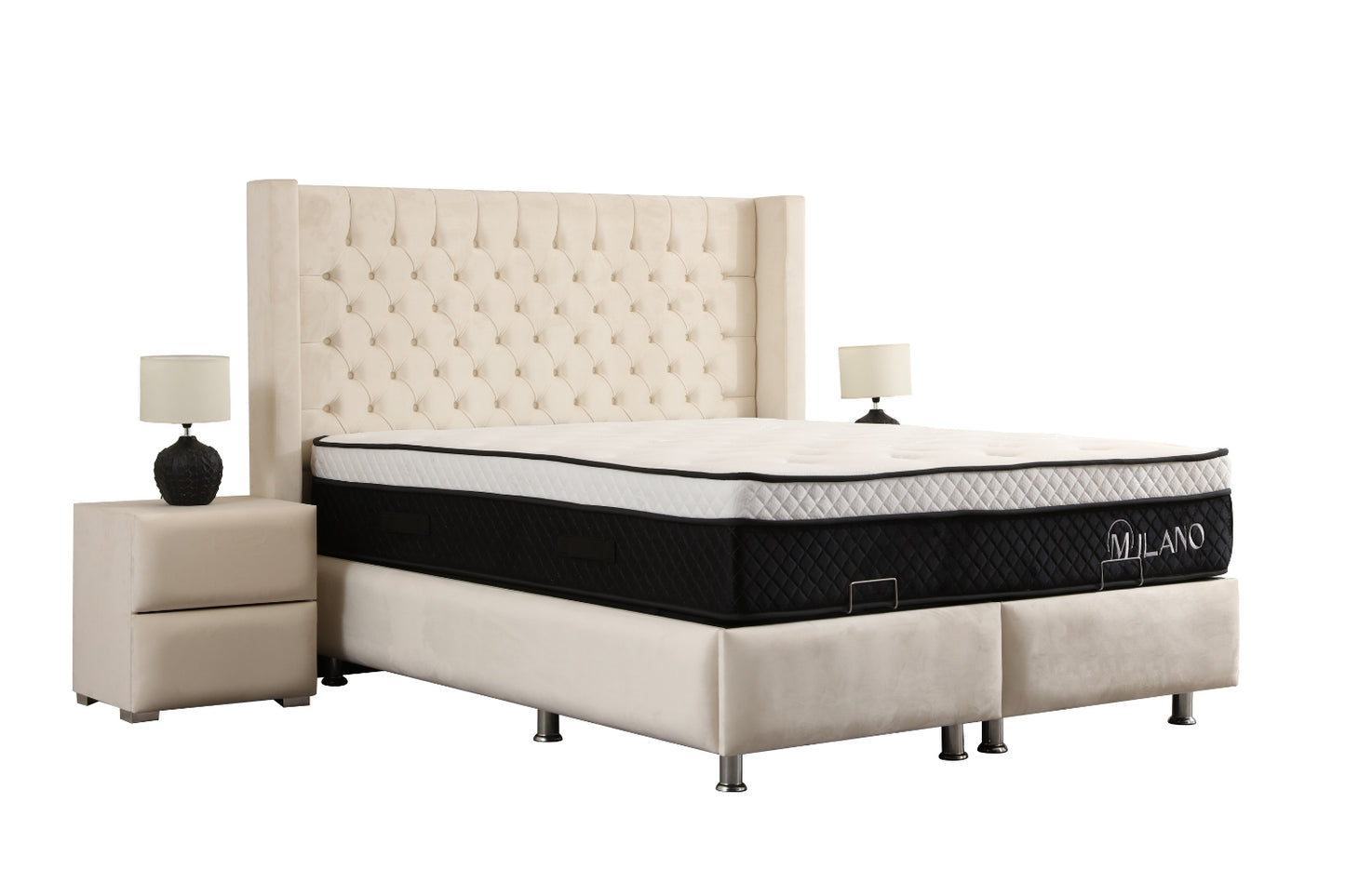 Lit Coffre CLOUTE Velours Blanc Cassé