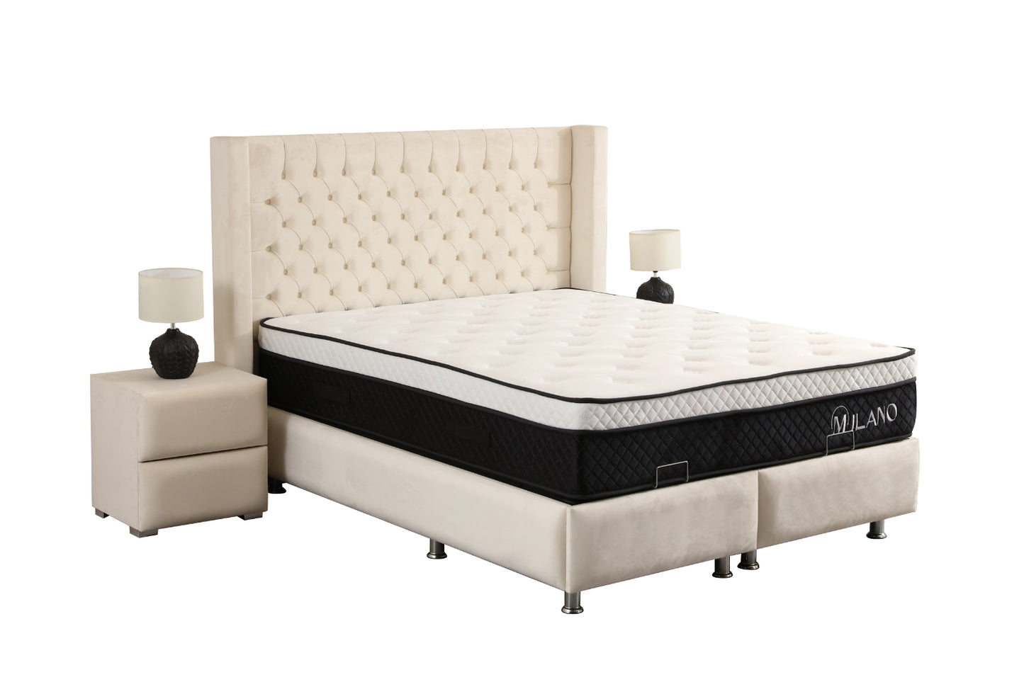 Lit Coffre CLOUTE Velours Blanc Cassé
