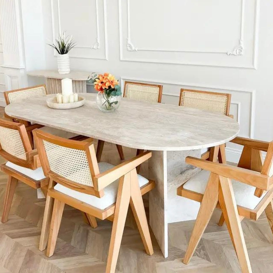 Table à manger oval Travertin pied triangle
