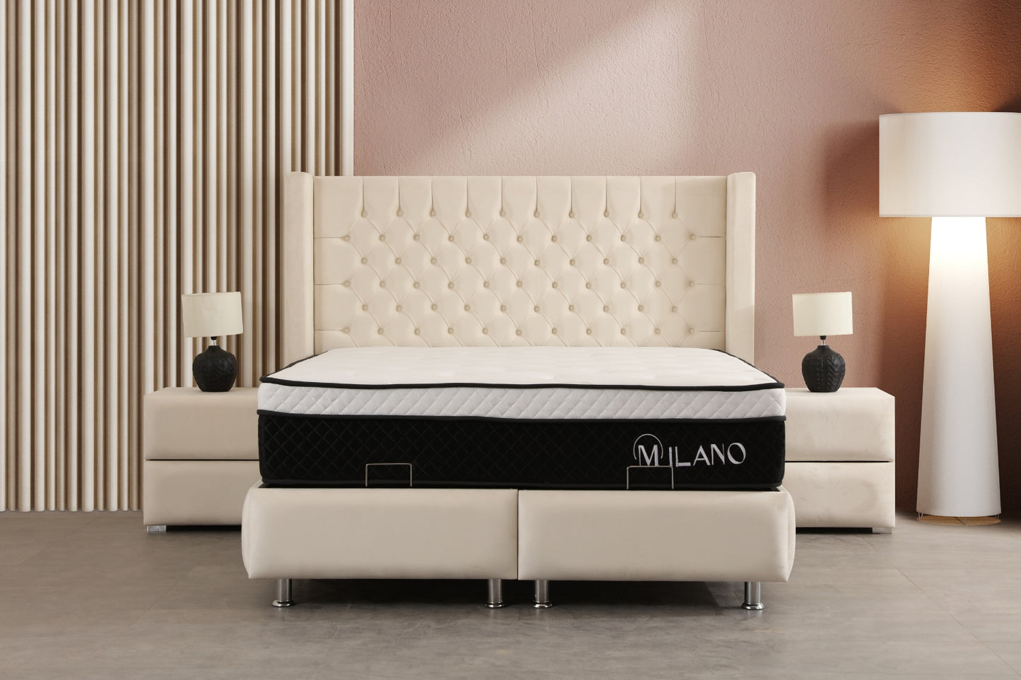 Lit Coffre CLOUTE Velours Blanc Cassé