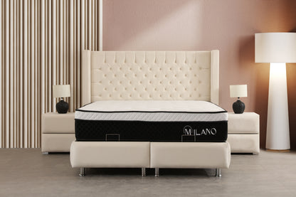 Lit Coffre CLOUTE Velours Blanc Cassé