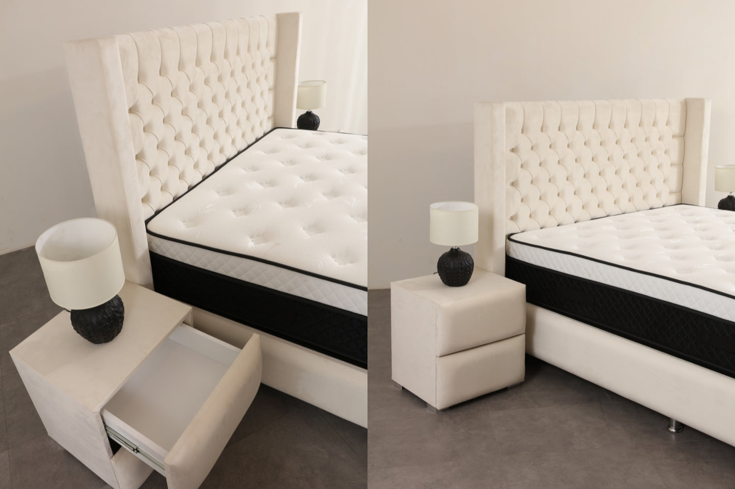 Lit Coffre CLOUTE Velours Blanc Cassé