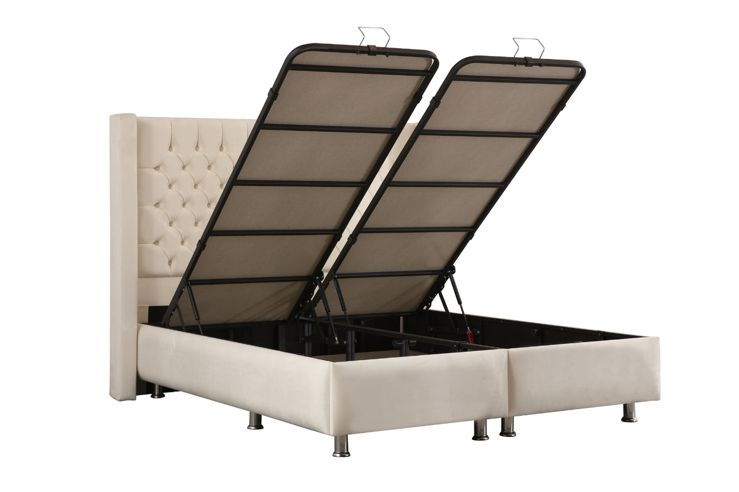 Lit Coffre CLOUTE Velours Blanc Cassé