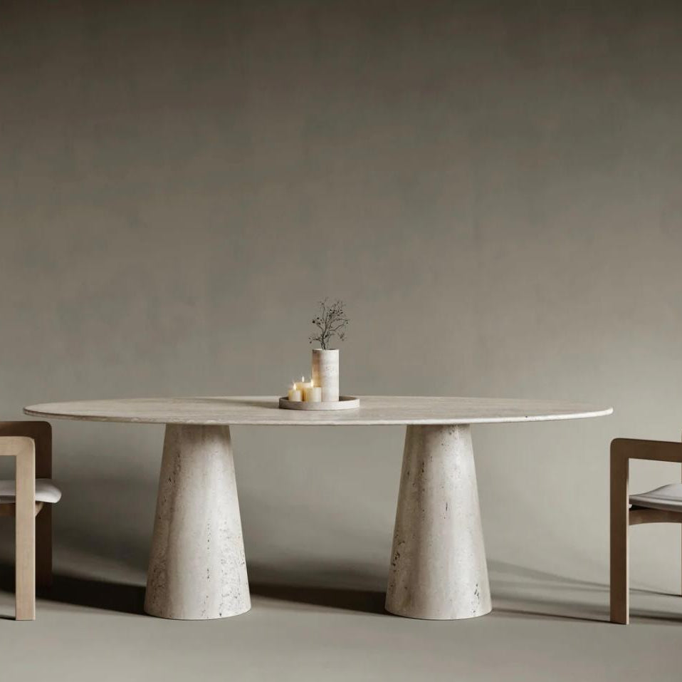 Table à manger ovale Travertin pied cône