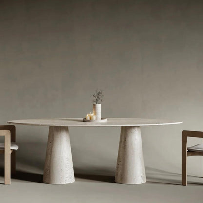 Table à manger ovale Travertin pied cône